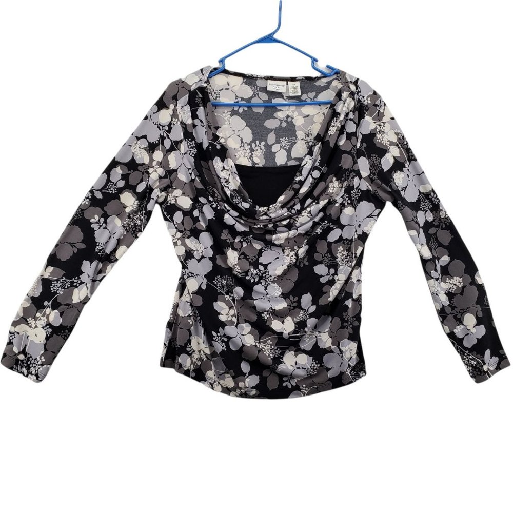 Covington Top Women's Long Sleeve Scoop/Cowl Neck Floral  Blouse Black Gray Lg.